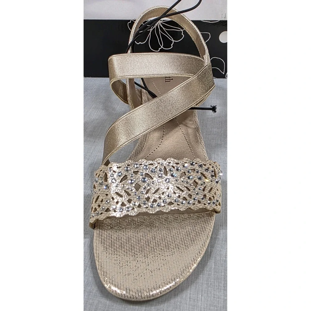 East‎ 5th Gladie Gold Wedge Sandals Rhinestone Dress Shoes Womens 8.5M 106-0208